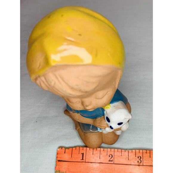 Uctci Japan Figurine Girl Pottery Red Clay 5" Vintage 1960s MCM Blue Dress Cat - Picture 10 of 11